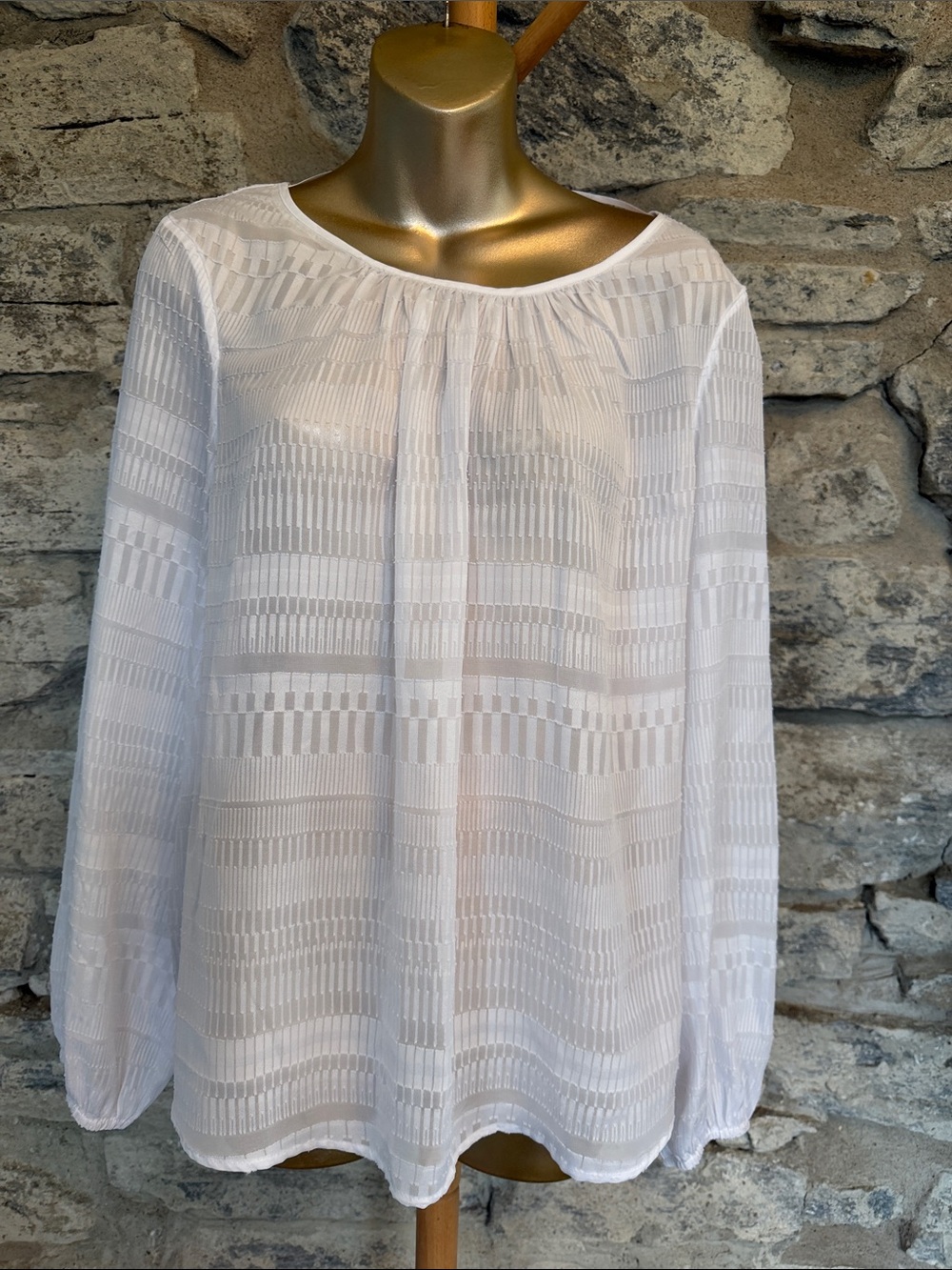 White Textured Long-Sleeve Peasant Blouse